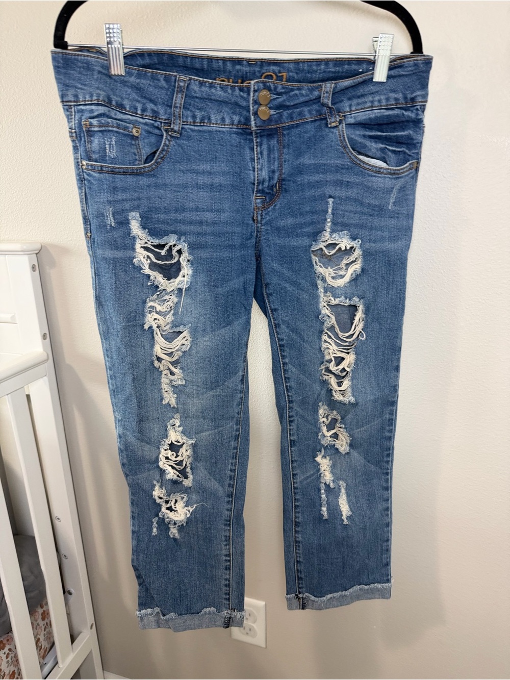 Rue21 Distressed Light Blue Boyfriend capri
